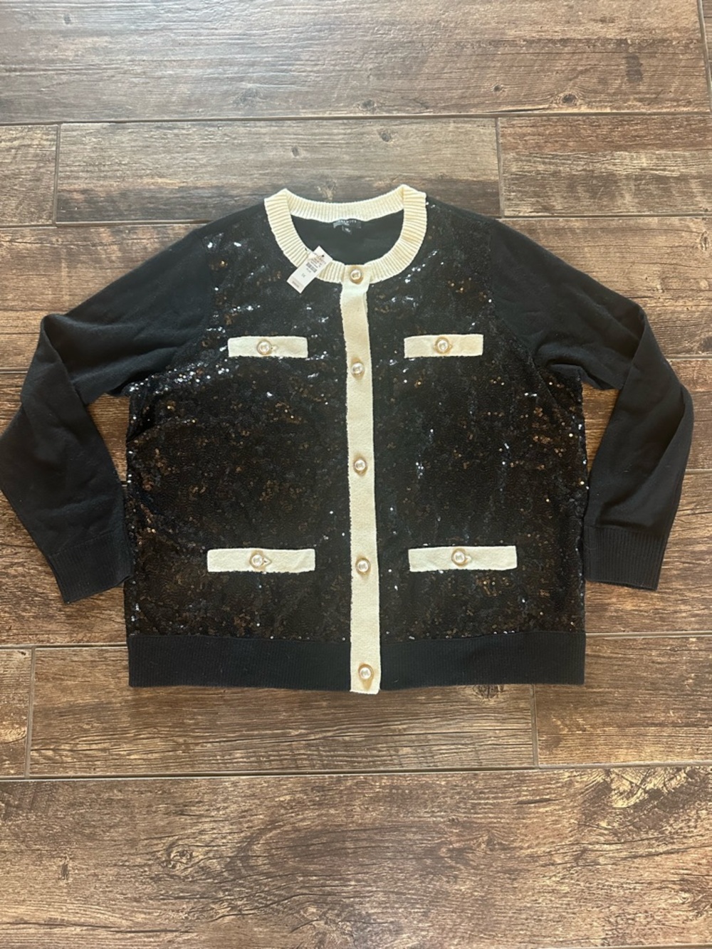 Talbots Black Sequin Crewneck Cardigan with Cream Trim - Picture 2 of 9